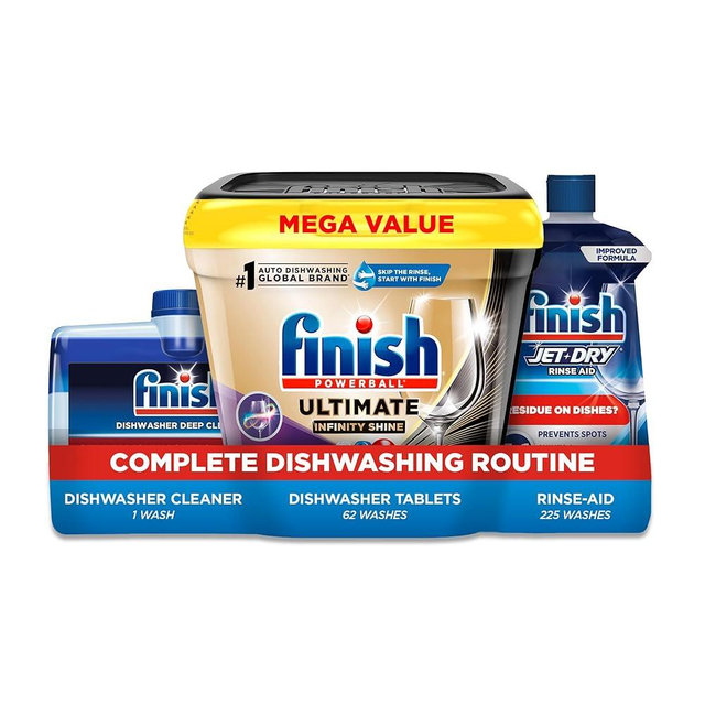Finish Ultimate Deep Clean Bundle - Ultimate Dishwasher Detergent Pods (62ct), Jet Dry Rinse Aid (23oz) for Residue & Hard Water, Dishwasher Cleaner (8.45oz) For Grease & Limescale
