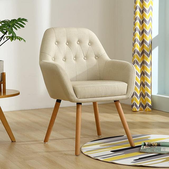 LSSBOUGHT Contemporary Stylish Button-Tufted Upholstered Accent Chair with Solid Wood Legs (Beige)