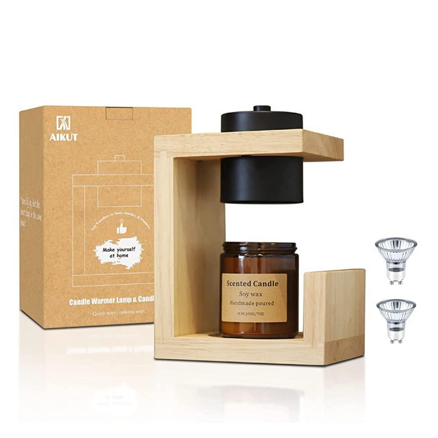 AIKUT Candle Warmer Lamp,with 2 Bulbs,Timer & Dimmer,Simple Natural Wood,Compatible Up to 4.5 inch Candles,for Home Scented and Décor，110-120V (Wood)