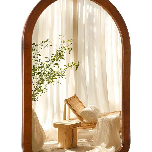 Arched Mirror 24 x 36 Inch,Walnut Brown Wood Rustic Bathroom Tempered Wall Mirror with Wood Frame,Round Corner Arch Farmhouse Wooden Vanity Mirror for Living Room,Entryway or Bedroom