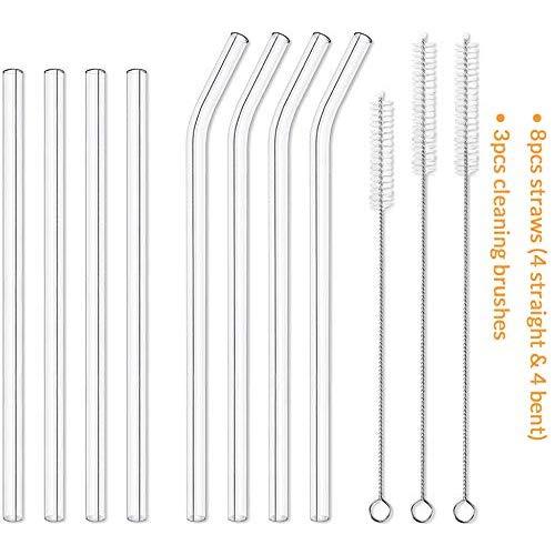 8pcs Glass Straws, 10 mm Wide Diameter Reusable Smooth-friendly Extra Long Drinking Straw for Hot and Cold Drink, Includes 4pcs 8.2 inches Straight, 4pcs 9 inches Bent and 3pcs Cleaning Brushes