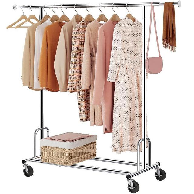 Tajsoon Heavy Duty Clothes Rack Foldable Garment Rack with Wheels and Extendable Rod, Freestanding Clothing Rack for Hanging Clothes, Adjustable ＆ Collapsible Rolling Racks with Bottom Shelf, Chrome