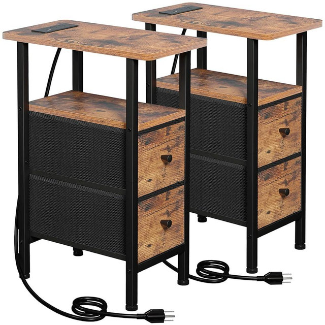 LOAKEKEL Narrow End Tables Living Room Set of 2 with Charging Station, Skinny Side Table with Fabric Drawers, Slim Nightstand for Bedroom, Small Spaces, Couch, Brown, HETNDP02BR