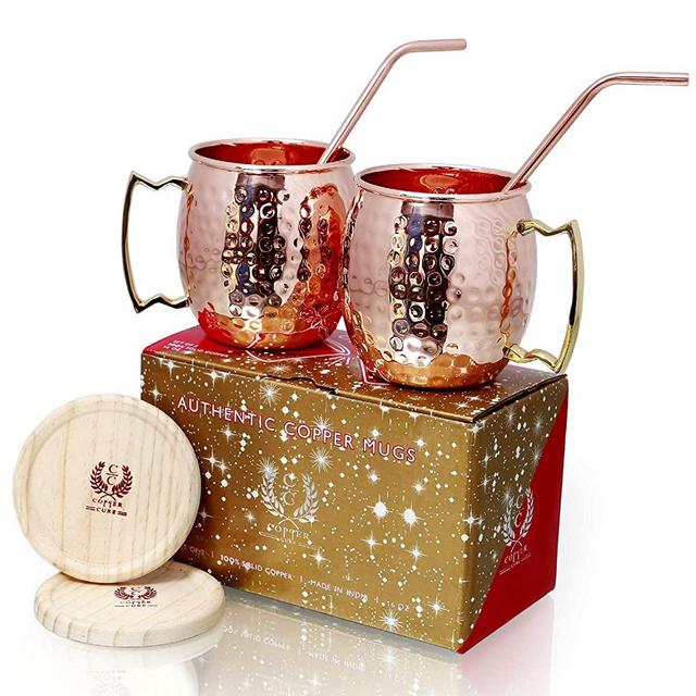 Copper Mugs - Set of 2-100% HANDCRAFTED – Food Safe Pure Copper Mugs - 16 oz Hammered – BONUS Copper Straws & Wooden Coasters - Gift Set