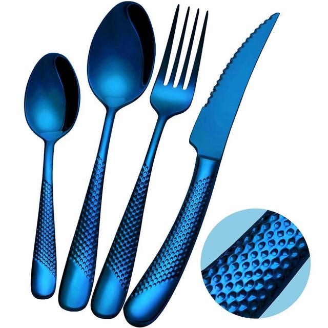 Xideman 16-Piece ​Modern Blue Hammered Silverware Set with Ultra Sharp 2-IN-1 Serrated knife, 18/10 Stainless Steel Flatware Set, Utensil Cutlery Set for 4 Person, Forks Spoons Knives Set