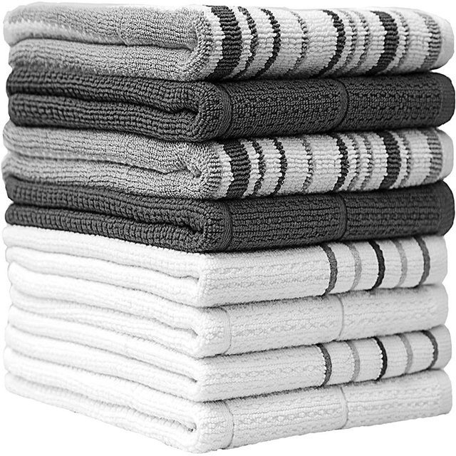 Premium Kitchen Towels (16”x 28”, 8 Pack) – Large Cotton Kitchen Hand Towels – Striped Design – 420 GSM Highly Absorbent Tea Towels Set with Hanging Loop – Grey
