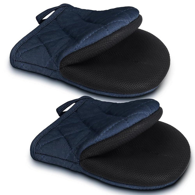 1 Pair Short Oven Mitts - Silicone Kitchen Oven Gloves High Heat Resistant 500℉, Mini Oven Mits with Non-Slip Grip Surfaces and Hanging Loop for BBQ, Baking, Cooking and Grilling (Dark Blue)