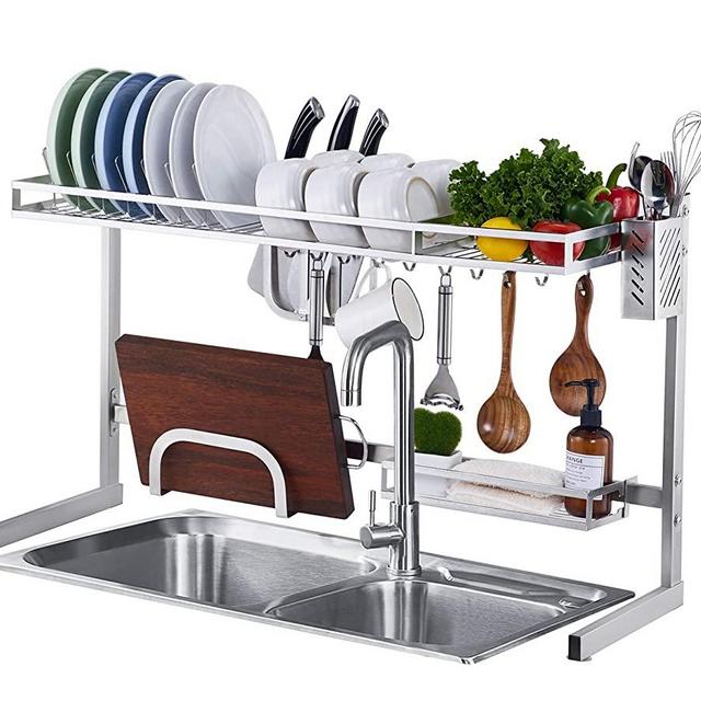 istBoom Over The Sink Dish Drying Rack, Stainless Steel Over Counter Dish Storage Shelf for Kitchen Double Sink with Utensil Knife Cutting Board Holder and 10 Hooks (Sink Size ≤ 32 inches, Silver)