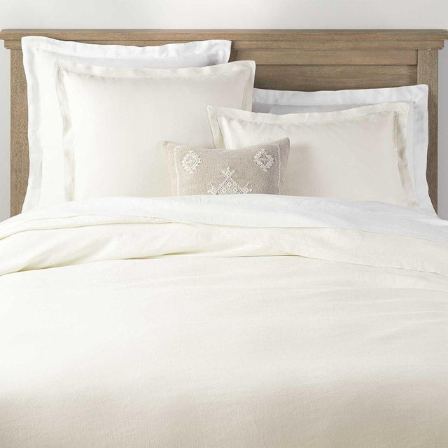 Ivory Belgian Flax Linen Double Flange Duvet Cover, Full/Queen
