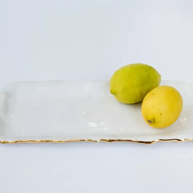 White Ceramic Tray with Gold Rim | Decorative Ceramic Platter | Rectangular Serving Platter | Modern Serving Plate