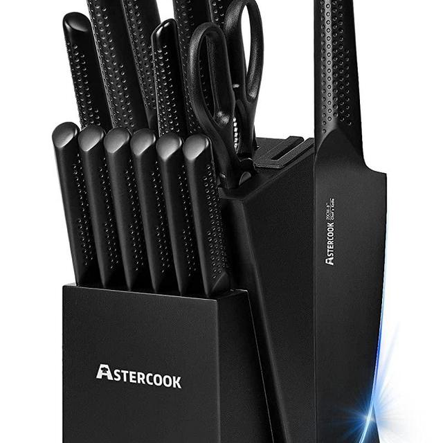 Knife Set, 15 Pieces Chef Kitchen Knife Set with Block, Built-in Knife Sharpener, German Stainless Steel Knife Block Set, Dishwasher Safe, Elegant Black
