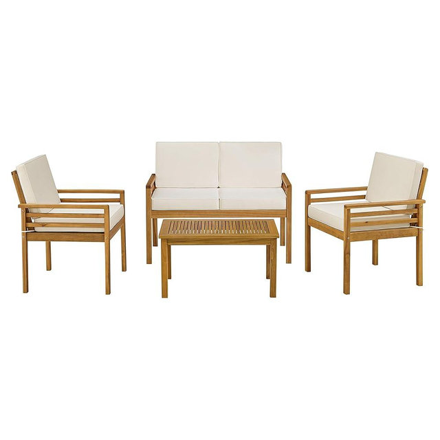 Okemo 4-Piece Patio Set - Weather-Resistant Outdoor Sofa, Table, and 2 Chairs - Acacia Wood Furniture for Deck, Pool, or Sunroom