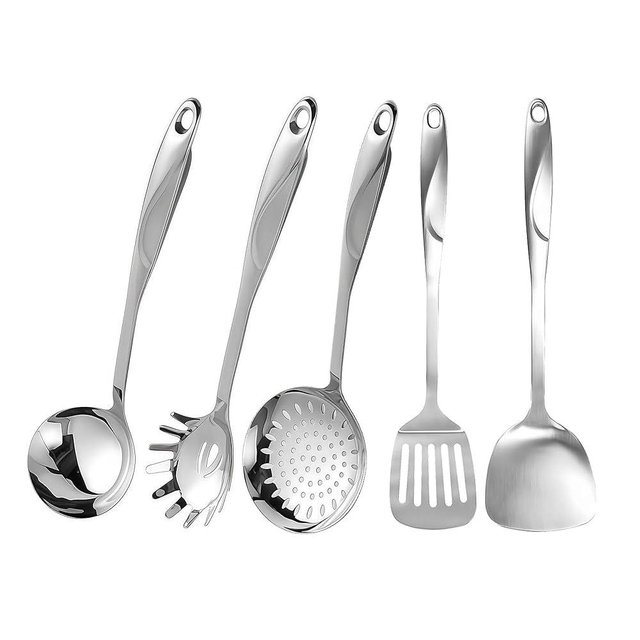 IMEEA 5-Piece Cooking Utensils Set SUS304 Stainless Steel Kitchen Utensils Set Includes Slotted Spatula, Soup Ladle, Solid Turner, Pasta Server & Skimmer