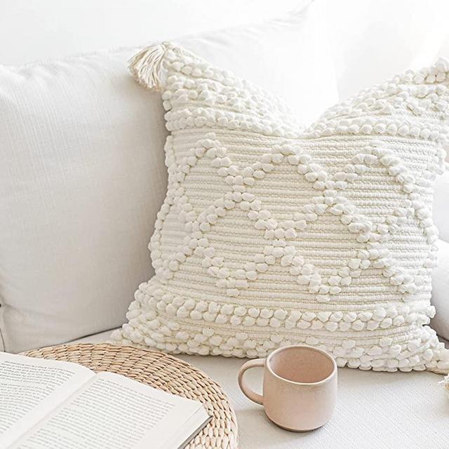 BLISSBLUSH Off White Decorative Throw Pillow Case, Minimalist Woven Pillow Case, Boho Sofa Couch Bed Pillow Cover with Tassels, Bohemian Pillow Cover (1 Piece, Cover ONLY, 18X18 INCH)