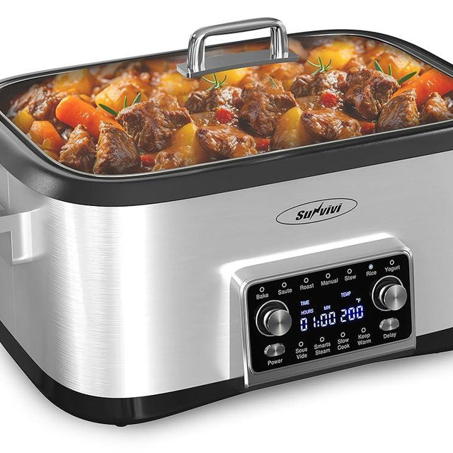 Sunvivi 8 Quart Slow Cooker Roaster Oven, 12 in 1 programmable Multi-Cooker Food Warmer with Digital Timer, Temp Control, Removable Cast Aluminum Pot & Dishwasher-Safe Tempered Glass Lid, Stainless