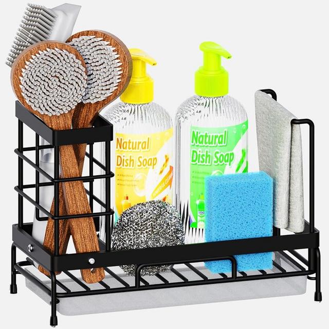 WHALCHI Kitchen Sink Organizer, Multifunctional Rustproof Sponge Holder Sink Organizer with Drain Tray & High Brush Holder & Dish Cloth Hanger, Kitchen Sink Accessories for Countertop, Large Capacity