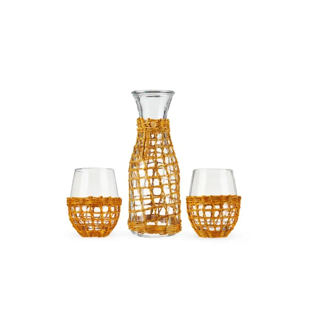 Twine Island Two 16 oz Wine Glasses and 37.5 oz Carafe Gift Set, Removable Seagrass Wrap, Modern Pitcher & Drinking Glasses, Home Bar Glassware Gifts