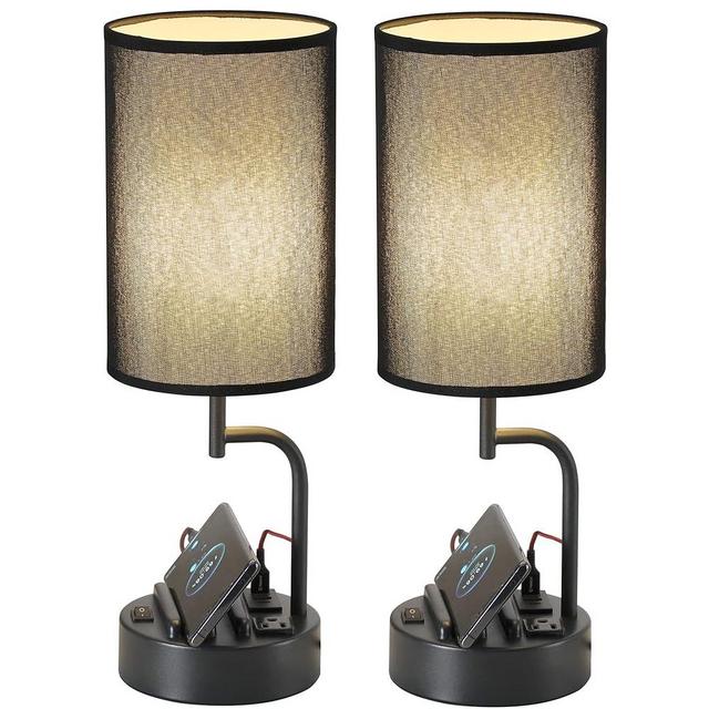Dreamholder Table Lamp with 3 USB Charging Ports, Modern Desk Lamp with AC Outlet and Phone Stands, Perfect Bedside Lamp for Bedroom, Living Room, Office (Pack of 2), Black