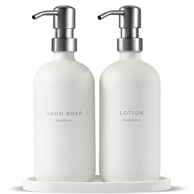 MaisoNovo Hand Soap and Lotion Dispenser Set | White Hand Soap Dispenser Glass with Silver Pump x 2 + Oval Concrete Tray