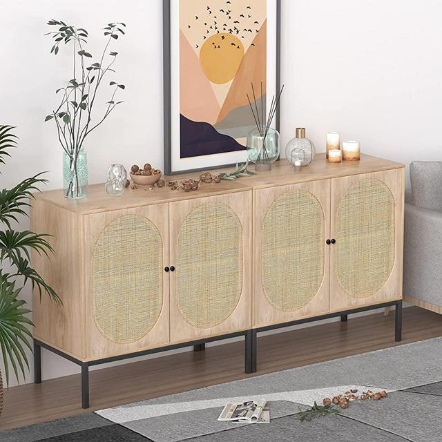 XIAO WEI Buffet Sideboard with Handmade Natural Rattan Doors, Storage Cabinet Console Table Accent Cabinet, for Dining Room, Living Room, Kitchen, Natural 1 (2 Pieces 1 Packages)