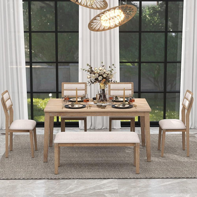 6 Pieces Dining Table Set with Bench, Rectangle Dining Table with 4 Upholstered Chairs & a Bench, Kitchen Table Chairs Set for 6 Persons, Wood Dining Room Set - Natural Wood Wash