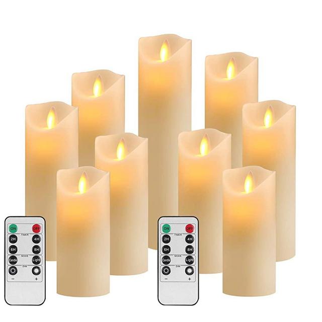 YIWER Flameless Candles Set of 9 Ivory Dripless Real Wax Pillars Include Realistic Dancing LED Flames and 10-Key Remote Control with 24-Hour Timer Function 400+ Hours （9）