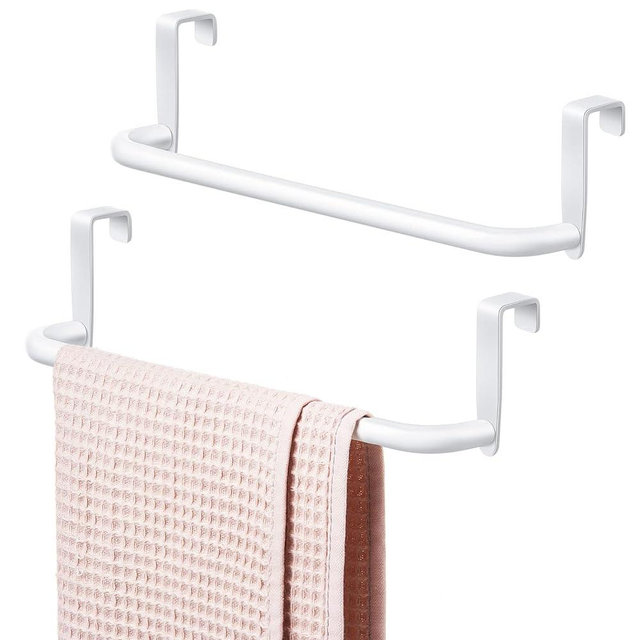 2 Pieces Metal Towel Bar Kitchen Cabinet Towel Rack Strong Steel Towel Bar Rack for Hanging on Inside or Outside of Doors, Home Kitchen Bathroom, Hand Towels, Dish Towels and Tea Towels (White)