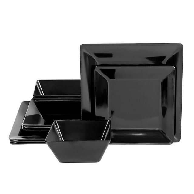 TP 12-Piece Dinnerware Set, Melamine Dishes Set with Bowls and Plates, Non-breakable Lightweight Dinner Service for 4 (Pure Black, Service for 4 (12pcs))