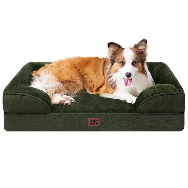 EHEYCIGA Orthopedic Dog Beds for Large Dogs, Waterproof Memory Foam Large Dog Bed with Sides, Non-Slip Bottom and Egg-Crate Foam Pet Couch Bed with Washable Removable Cover, Dark Green