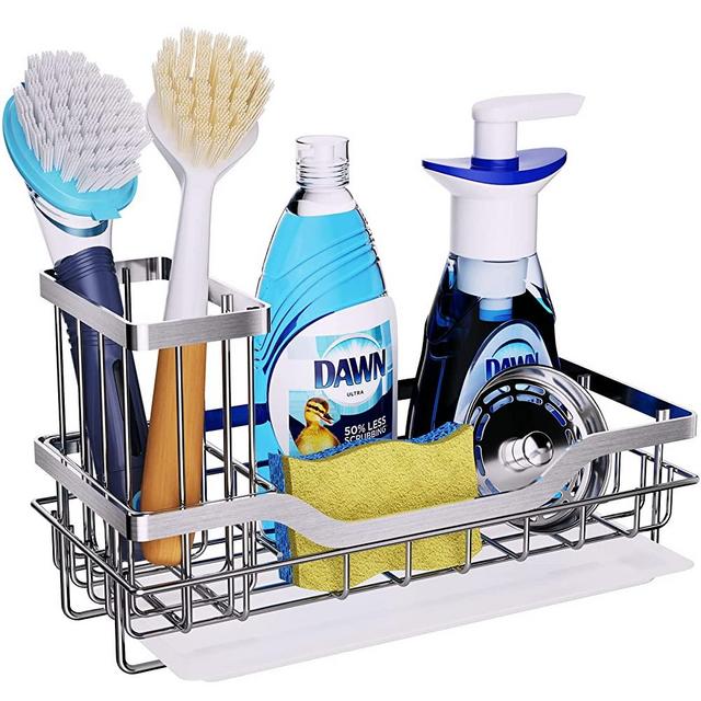 HapiRm Multifunctional Sink Caddy with Detachable Brush Holder, Kitchen Sink Organizer with Drawable Drain Tray, Rustproof Stainless Steel Sink Caddy for Sponge, Brush -Silver(8.26*3.62*4.72 in)