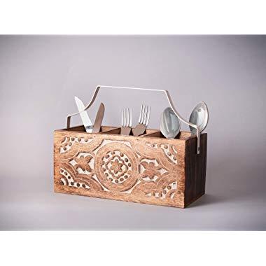 Christas Gifts Wooden Utensil Cutlery Holder Caddy Flatware and Silverware Organizer Spoons, Forks, Knifes and Napkin with Handle