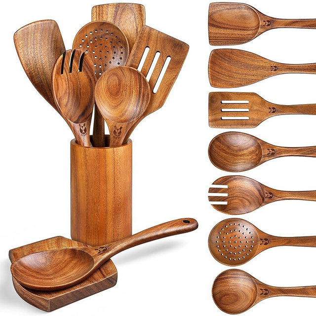 Wooden Spoons for Cooking, 9 Pcs Natural Teak Wooden Utensil Set with Spoon Rest, Comfortable Grip Wooden Cooking Utensils Set with Holder for Nonstick Cookware, Sturdy, Lightweight & Heat Resistant