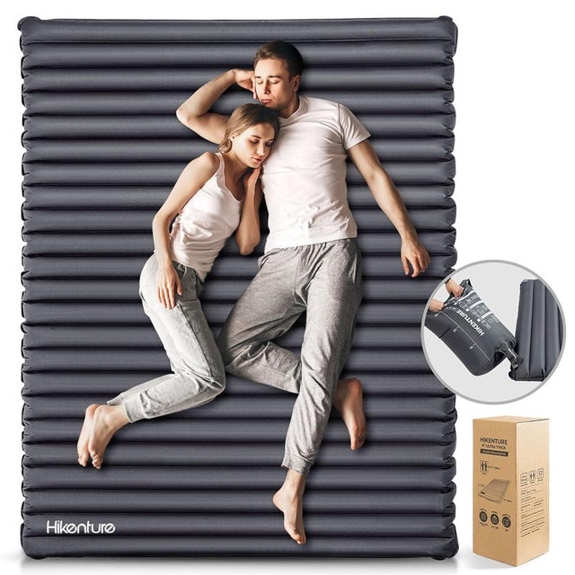 Hikenture Double Sleeping Pad for Camping, 4" Extra-Thick Camping Mattress 2 Person, Inflatable & Ultralight Sleeping Mat for Backpacking, Hiking (Grey Pumpsack, Full XL)