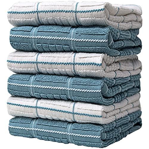 Premium Kitchen Towels (16”x 26”, 6 Pack) – Large Cotton Kitchen Hand Towels – Window Pane Design – 435 GSM Highly Absorbent Tea Towels Set with Hanging Loop – Aqua
