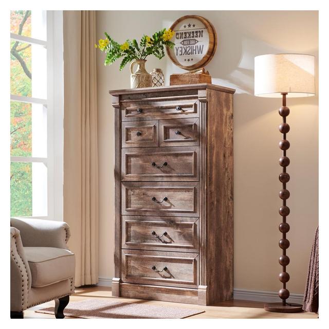 Farmhouse 7 Drawers Dresser for Bedroom, 57″ Tall Dressers w/Roman Column, Light Brown