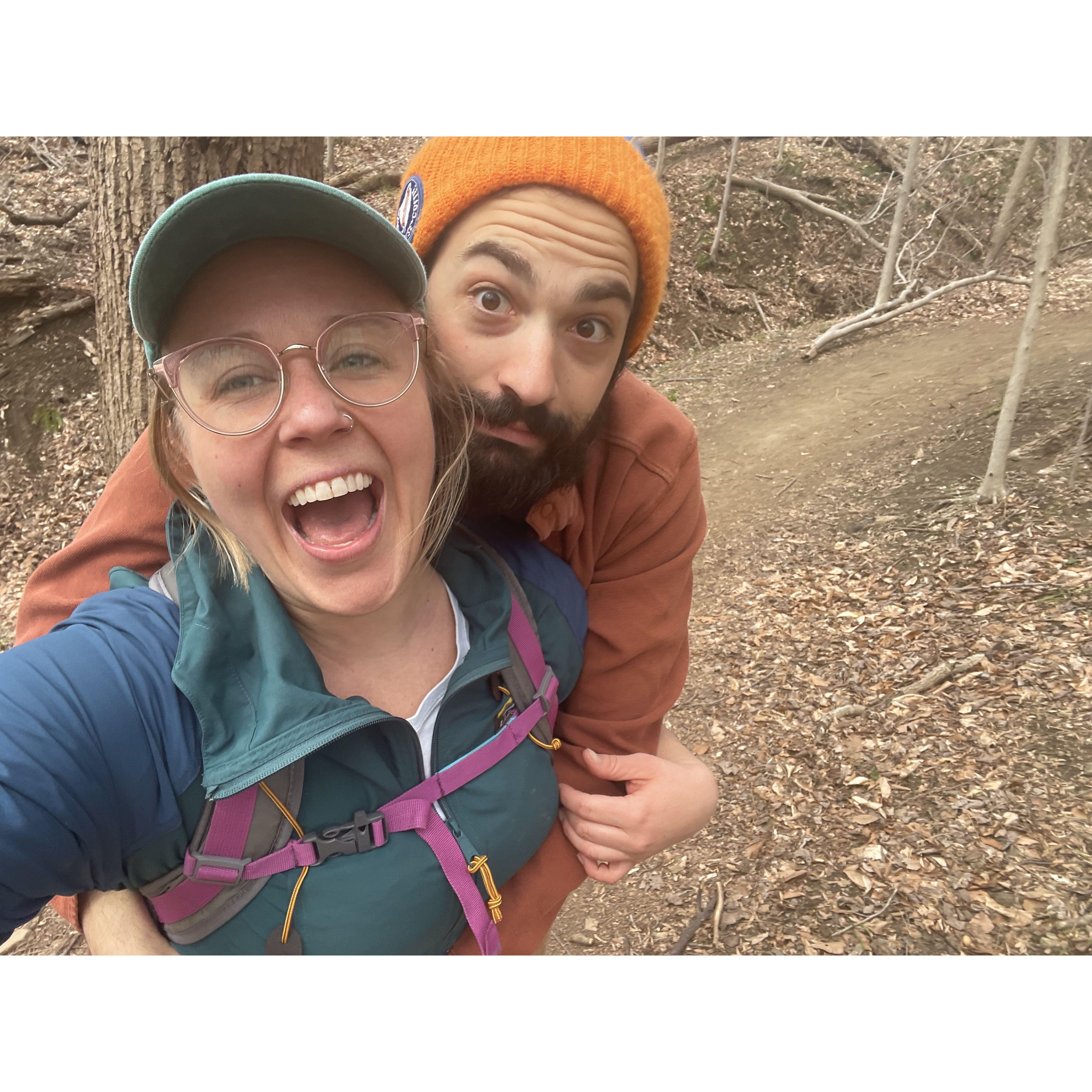 Annie and Bob go on a hike and hug trees and each other. April 2022.