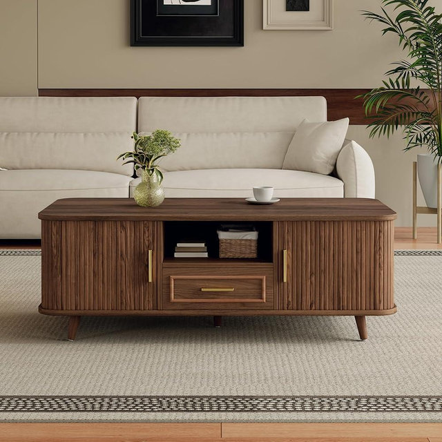 Scott Living Nova Rectangular Coffee Table with Pull-Out Drawer, Smooth Sliding Door, 6 Storage Spaces, Grooved Panels Design, Multi-Storage Coffee Table, Hidden Shelves for Living Room, Walnut