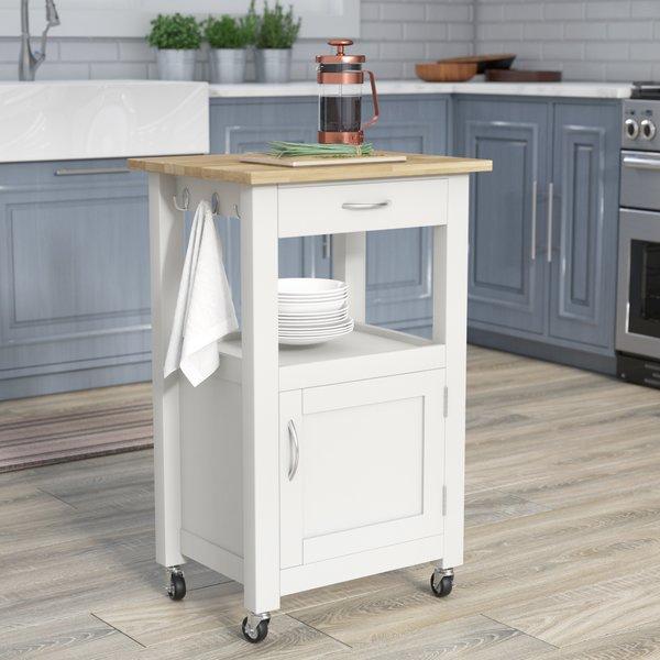 Turcios Kitchen Island Cart with Natural Wood Top (White)
