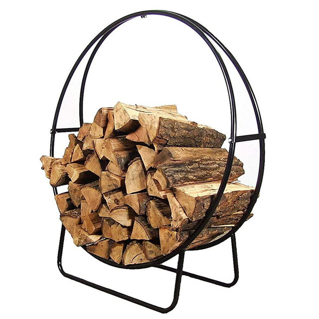 Sunnydaze 40-Inch Black Steel Indoor/Outdoor Firewood Log Hoop Rack - Round Tubular Metal Wood Storage Holder - Outside and Inside Fireplace Accessory