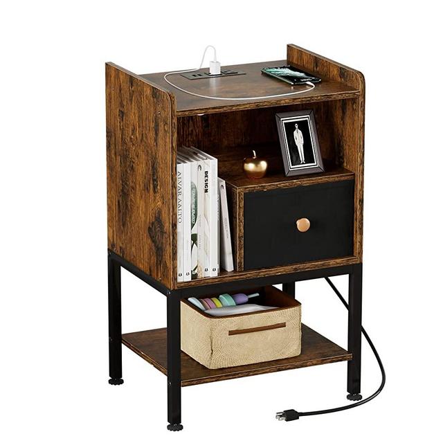 Gannyfer Nightstand with Charging Station,Night Stand with USB Ports and Storage Drawer,Morden 3-Tier End Side Table,Small Wood Bedside Table for Bedroom,Living Room,Rustic Brown