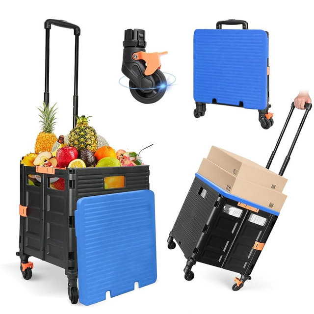 Foldable Utility Cart Folding Portable Rolling Crate Handcart Handcart Shopping Trolley Wheel Box with Lid,360°Rotate Wheels,Heavy Duty Durable Dolly Cart for Teacher Tourist Shopping Office Outdoor