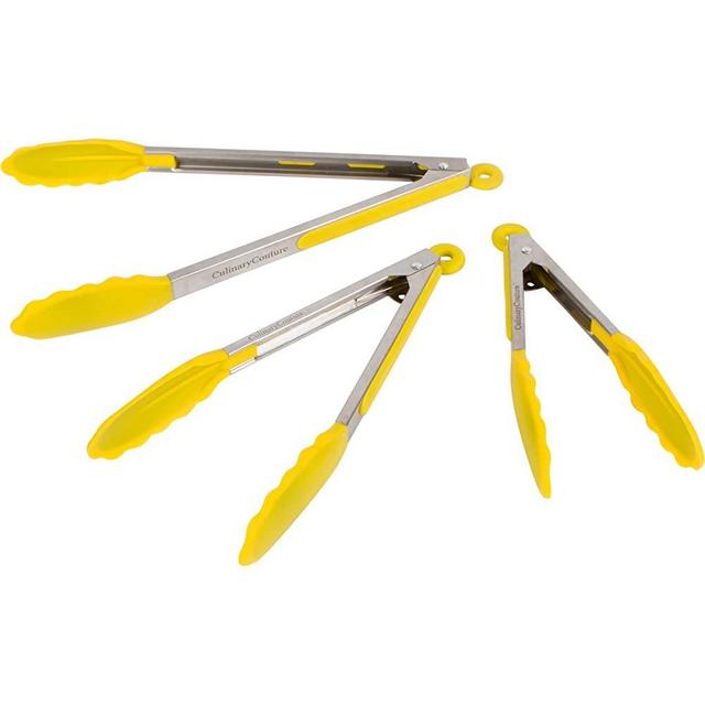 Yellow Kitchen Tongs with Silicone Tips - Set Of 3 Silicone Locking Tongs for Cooking-7,9,12" - For Bbq Grill, Oven Baking, Salad Steak Vegetable Pasta | Bonus Ebook| Stainless Steel Utensils