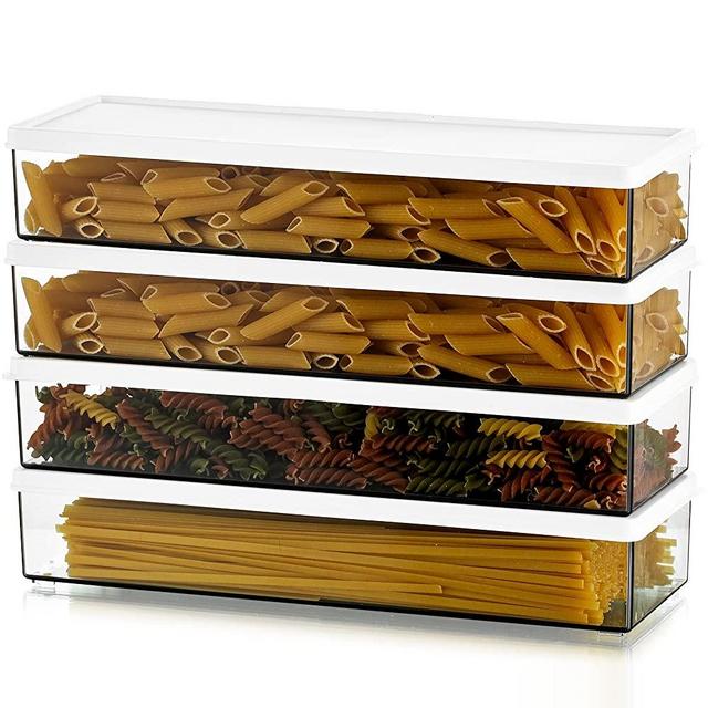 Pasta Containers for Pantry, Large Spaghetti & Noodle & Lasagna Canister, 4 Pcs Clear Grey Rectangular Canister with Lock Lids, Durable Plastic Food Keeper for Fridge Kitchen Cabinet Countertop