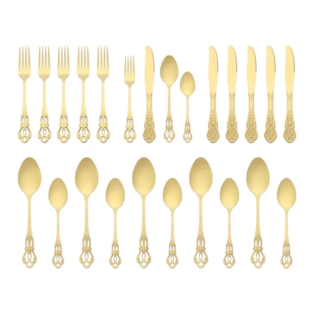 REGALWOVEN 24 Piece Stainless Steel Floral Flatware Set Silverware Set for 6 Gold