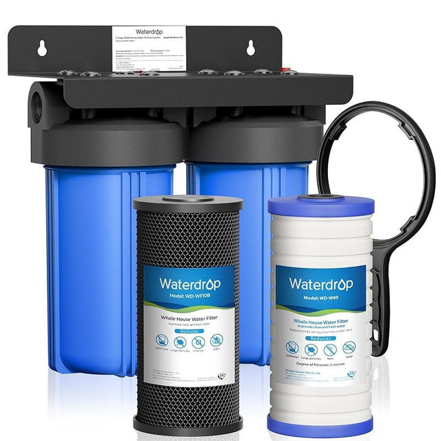 Waterdrop 2 Stage Whole House Water Filter System, with Carbon Filter and Sediment Filter, 5-Stage Filtration, Highly Reduce Chlorine, Taste, Odor, 5 Micron WD-WHF21-BG, 1" Inlet/Outlet