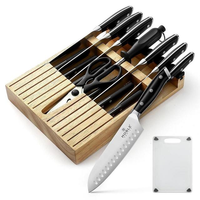 Knife Set with Block, N NOBLE FAMILY 16Pcs Kitchen Knives Drawer Organizer Set with Sharpener, Cutting Board, Anti-Slip Chef Knives Set with 6Pcs Steak Knives, Black
