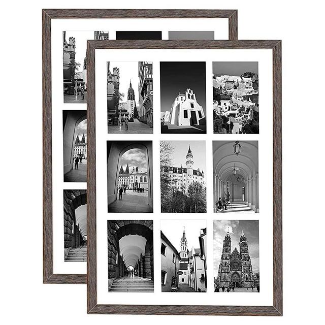 Golden State Art, 13.6x19.7 Distressed Brown Wooden Collage Frame - White Mat - Fits Nine 4x6 Photos/Pictures - Sawtooth Hanger - Wall Mounting - Landscape/Portrait - Tempered Glass, 2 Pack