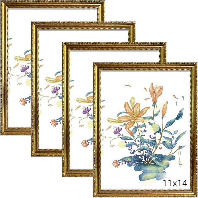 BESCRCL 11x14 Picture Frame Gold, Frames 11 x 14 with Shatterproof Crystal Acrylic for Wall Gallery, 4 Pack