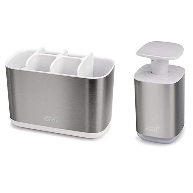 Joseph Joseph 70551 Bathroom Essentials 2-Piece Sink Accessories Set, Presto Soap Dispenser and Large EasyStore Toothbrush Caddy, Stainless-Steel