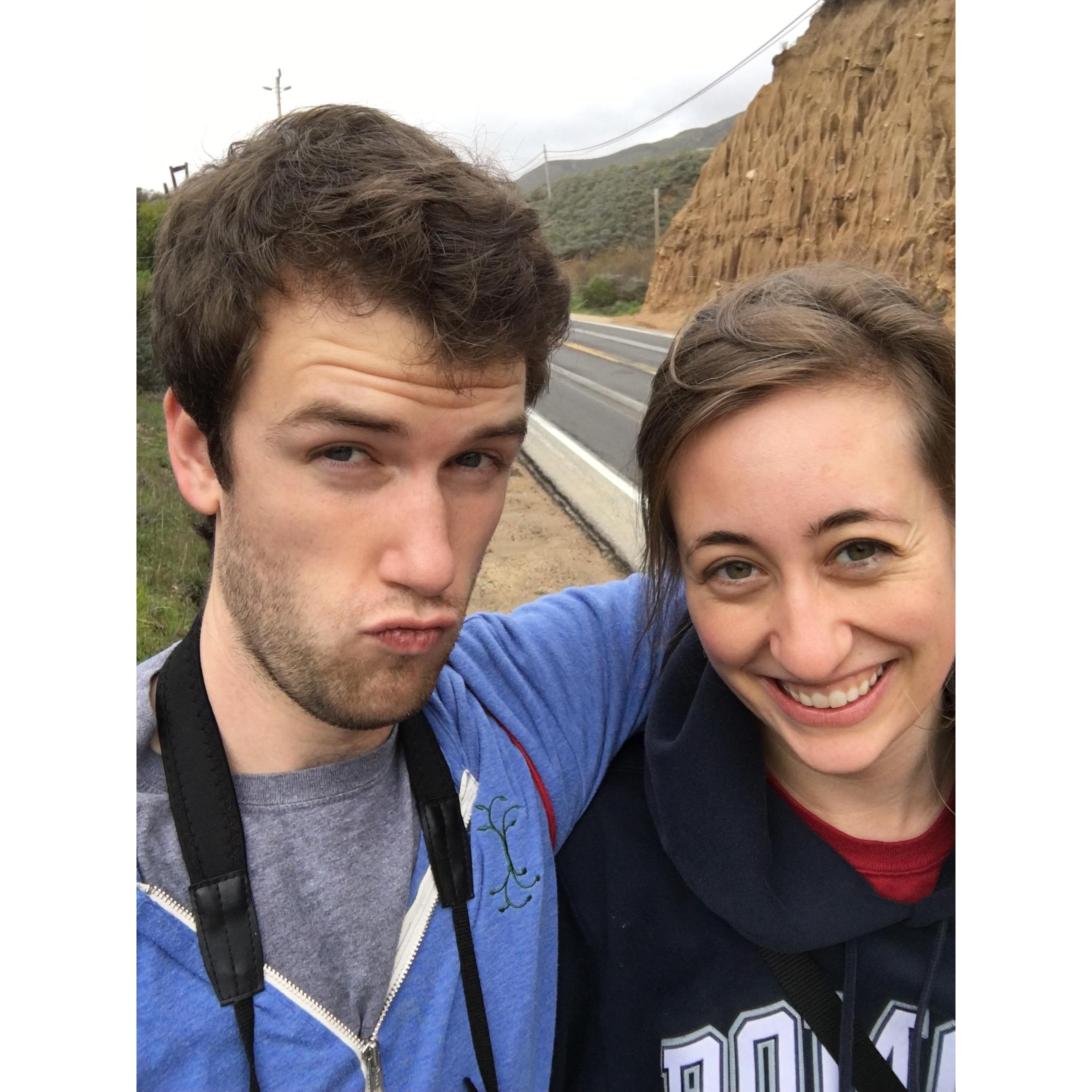 Ready to go birdwatching! And hitchhiking! In Big Sur.